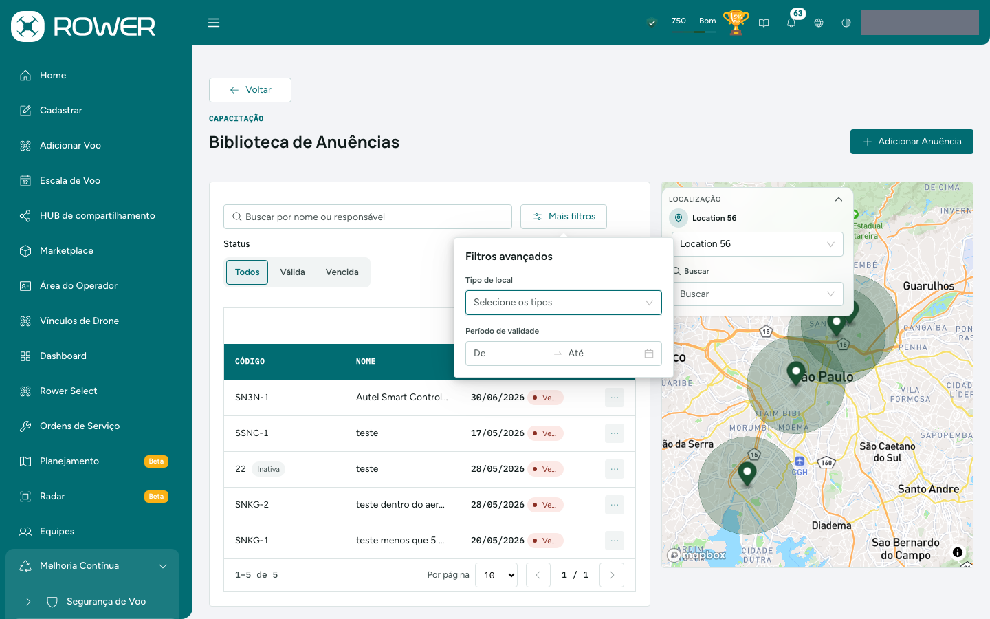 Filtros avançados da Biblioteca de Anuências