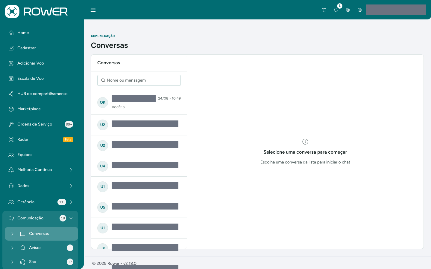 Conversas do gerente: lista e área de mensagens