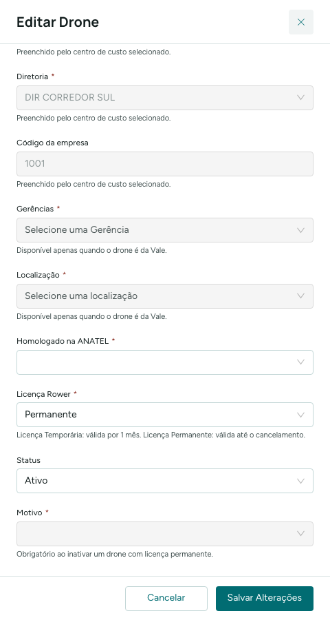 Editar Drone: status e motivo de inativação
