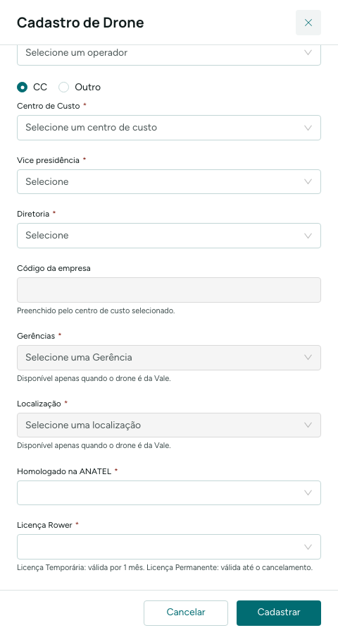 Cadastro de Drone: centro de custo, homologação e licença