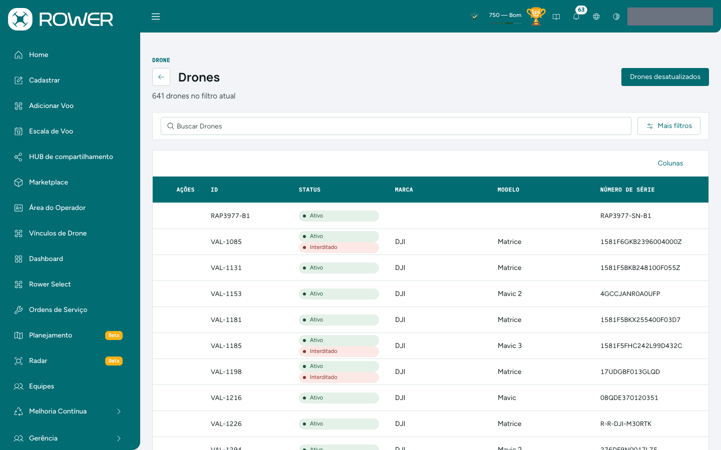Lista de Drones do operador