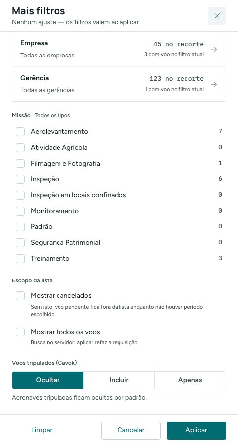 Painel Mais filtros: escopo da lista e voos tripulados (CAVOK)