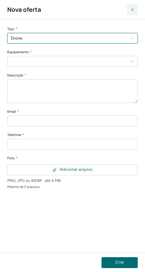 Formulário Nova oferta com o tipo Drone escolhido
