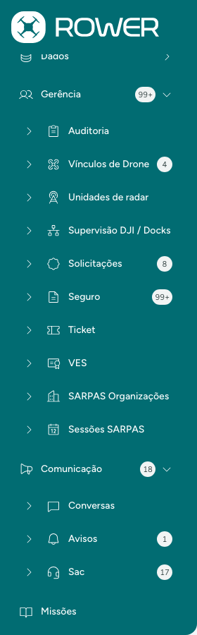 Menu do gerente: grupos Gerência e Comunicação