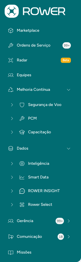 Menu do gerente: grupos Melhoria Contínua e Dados
