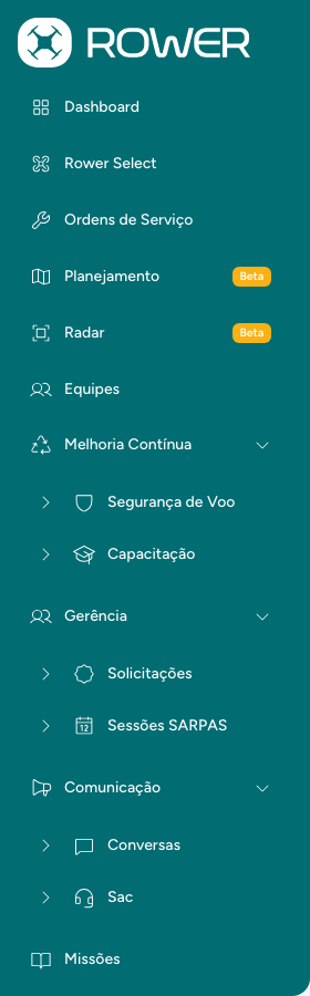 Menu do operador com os grupos abertos