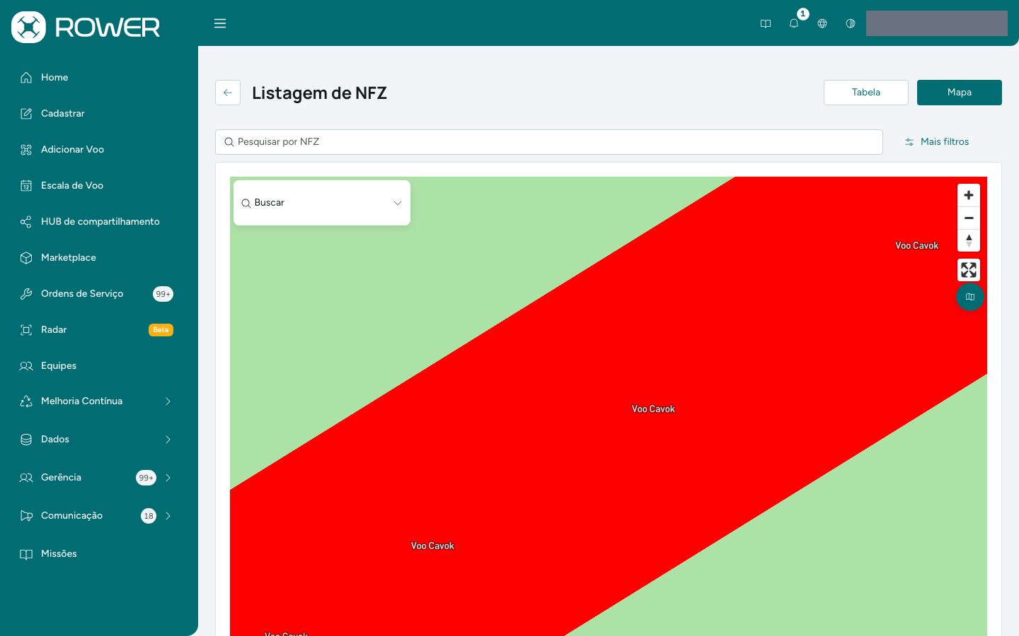 Listagem de NFZ no modo Mapa, com o painel Buscar e os controles do mapa