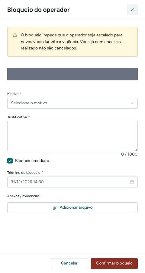 Painel Bloqueio do operador