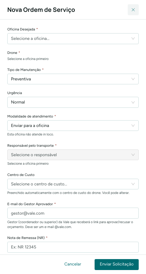 Formulário Nova Ordem de Serviço