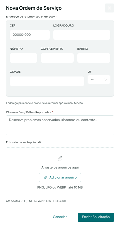 Nota de remessa, endereço de retorno e fotos do drone