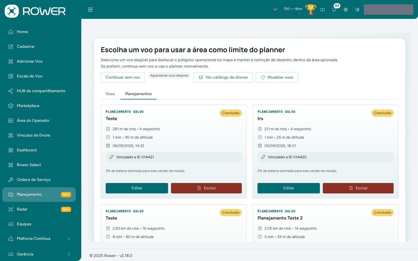 Aba Planejamentos, com os planejamentos salvos