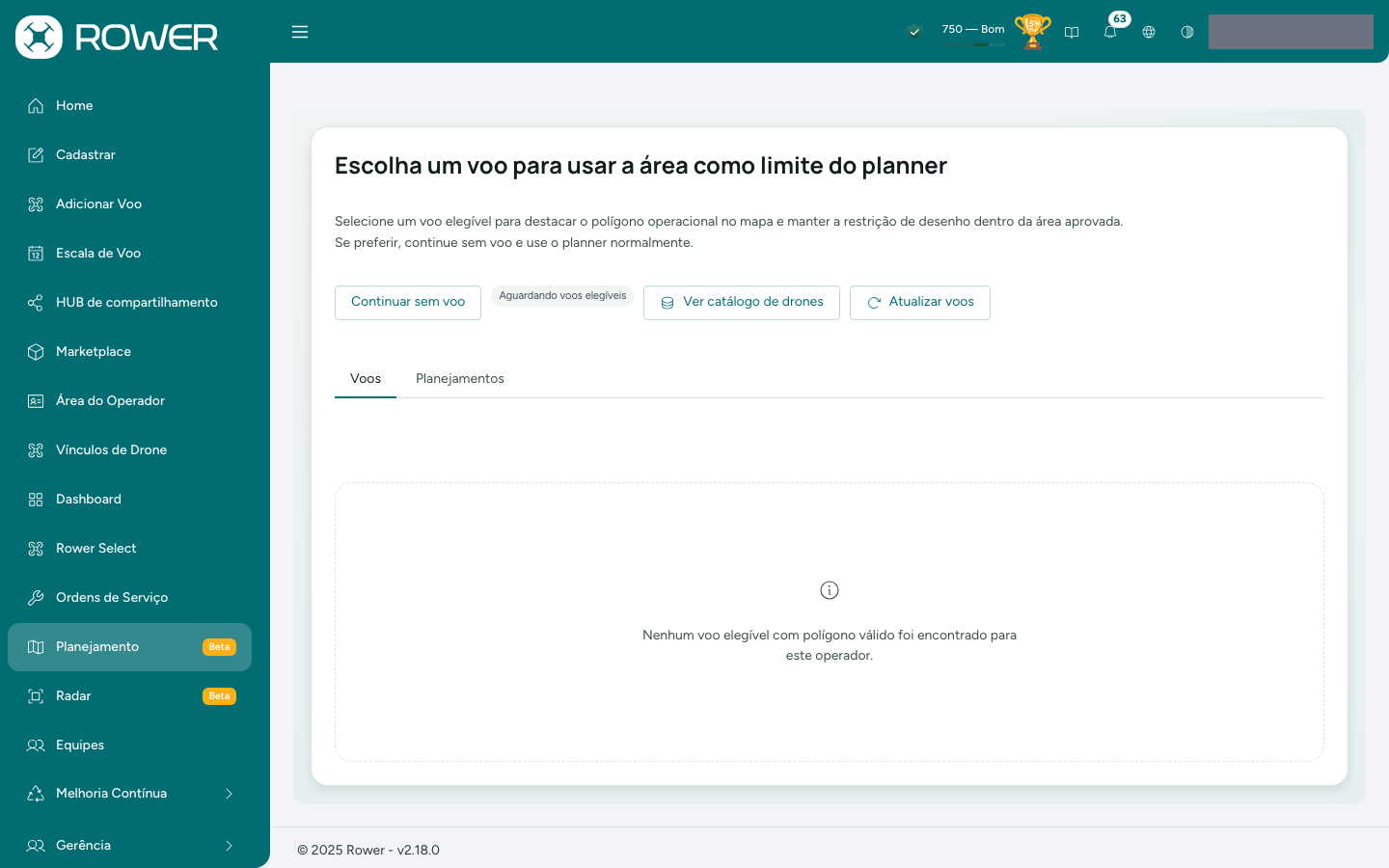 Escolha do voo ao abrir Planejamento