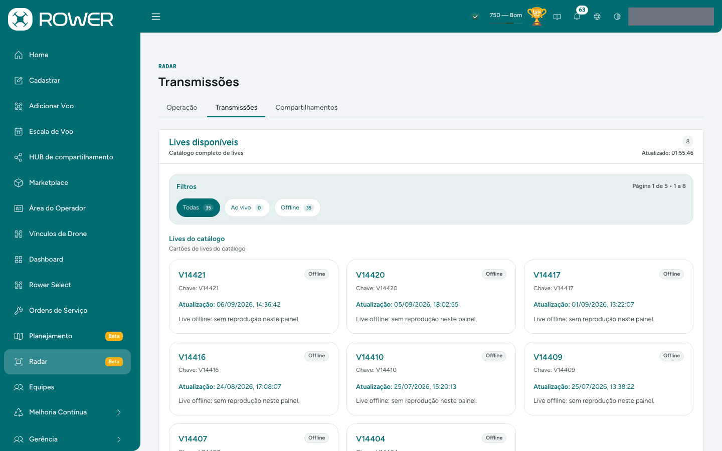 Aba Transmissões com o catálogo de transmissões