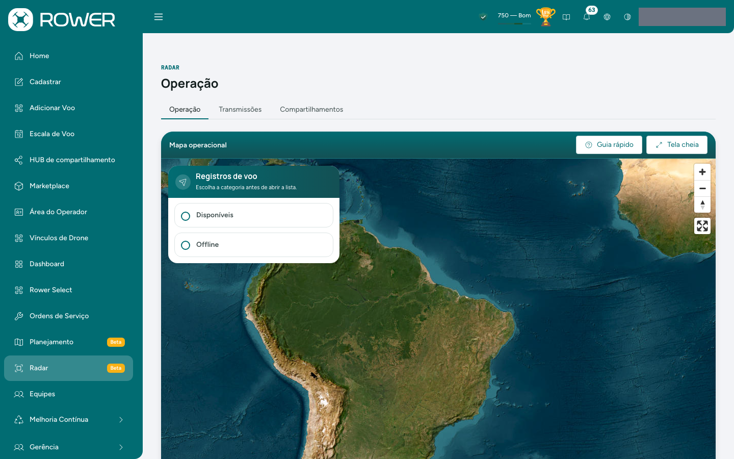 Sessão de operação, com o mapa e o painel Registros de voo aberto