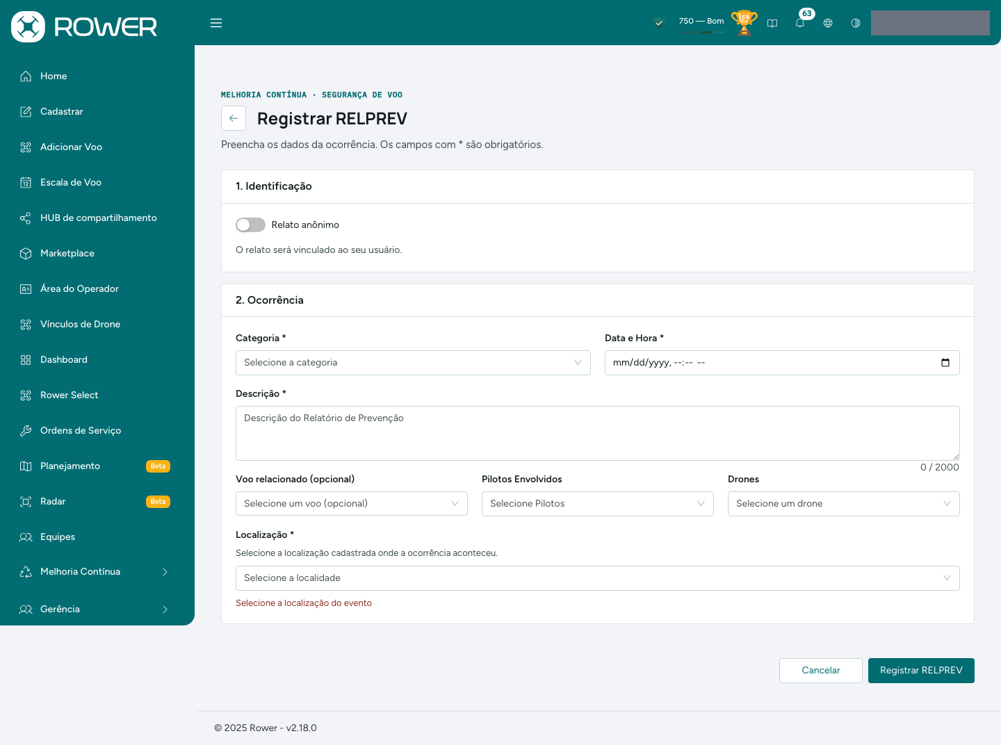 Página Registrar RELPREV, com o aviso da localização obrigatória