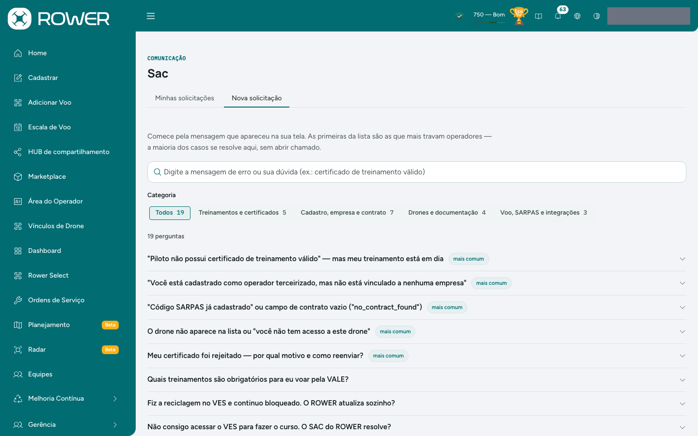 Nova solicitação começa pelas perguntas frequentes