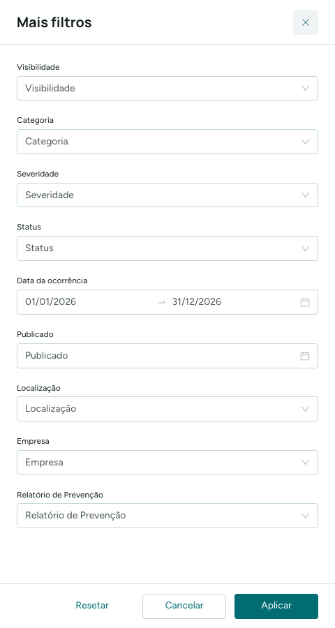 Mais filtros da aba Investigação