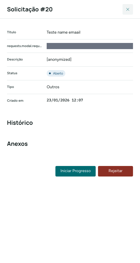 Painel de uma solicitação, com Iniciar Progresso e Rejeitar