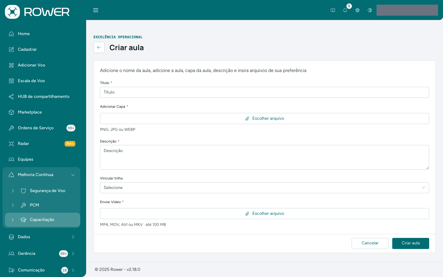 Formulário Criar aula