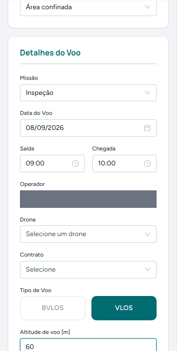Detalhes do Voo preenchidos: missão, data, horários e contrato (o nome do operador está tarjado)