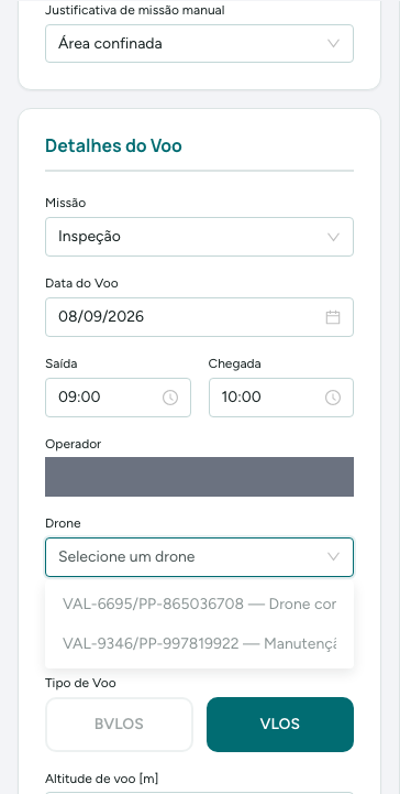 Lista de drones do operador escolhido