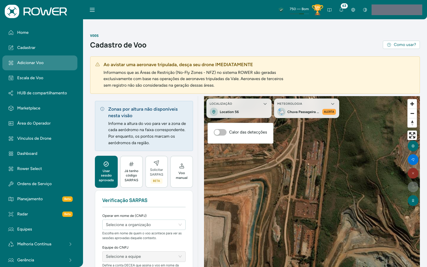 Tela Adicionar Voo: modos de voo, formulário e mapa