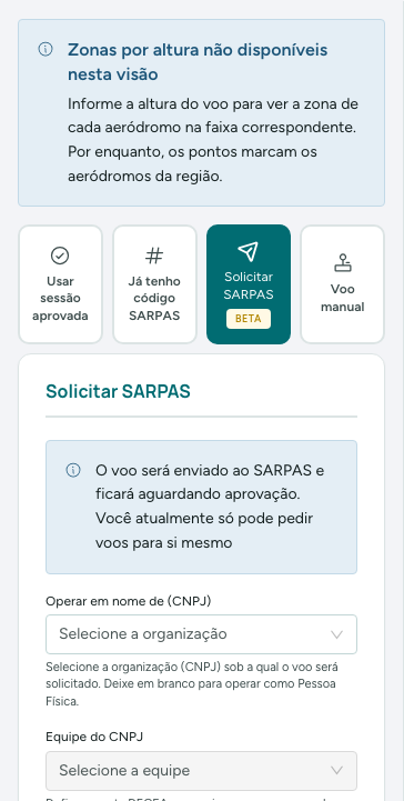 Modo Solicitar SARPAS: em nome de quem o voo é pedido