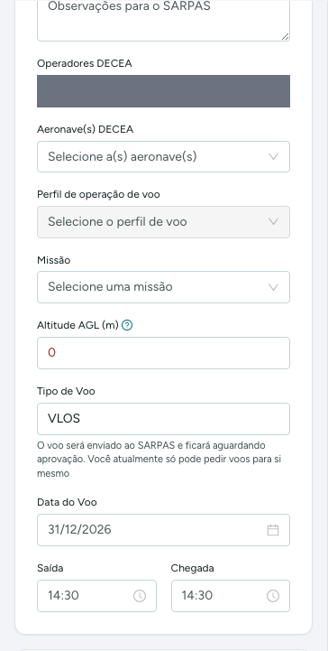 Modo Solicitar SARPAS: dados do pedido ao DECEA